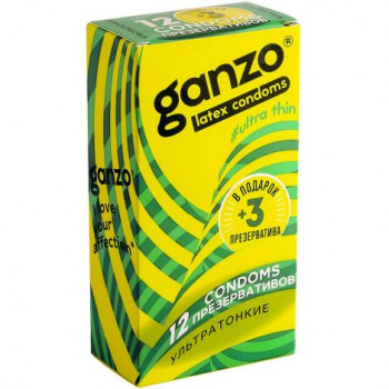 Ультратонкие презервативы Ganzo Ultra thin - 12 шт.(+3 в подарок)