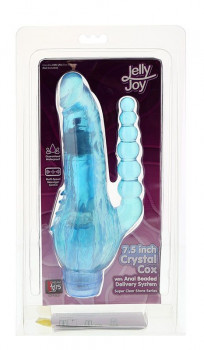 Голубой вибратор с анальным хвостом и шипами Jelly Joy Crystal Cox - 19 см.
