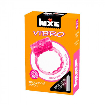 Розовое эрекционное виброкольцо Luxe Vibro «Техасский бутон» + презерватив