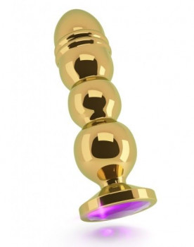 Золотистая фигурная анальная пробка R10 Rich Gold/Purple с фиолетовым кристаллом - 14,5 см.