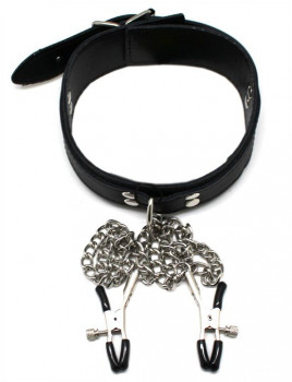 Черный ошейник с серебристыми зажимами для сосков