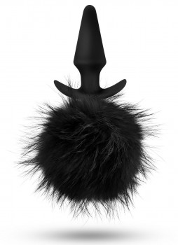Силиконовая анальная пробка с чёрным заячьим хвостом Fur Pom Pom - 12,7 см.