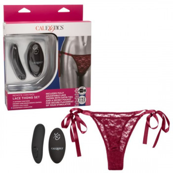Кружевные трусики с клиторальным вибратором Remote Control Lace Thong Set, малиновый с чёрным