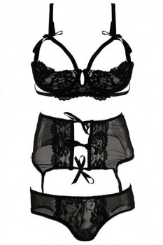 Игривый комплект 3 PC Show ME Bra Garter Crotchless Panty, черный