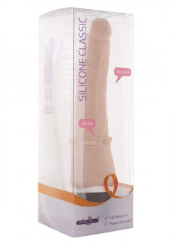 Телесный вибромассажёр с юбочкой шипов Classic Smooth Vibrator Nude - 16,5 см.